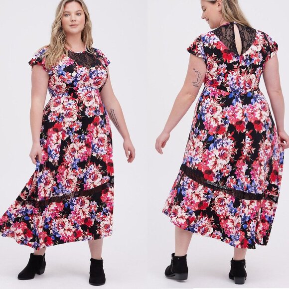 🌸 NWT Maxi dress floral black lace with ruffle sleeves TORRID 1, 1X, XL, 16 - Picture 1 of 7